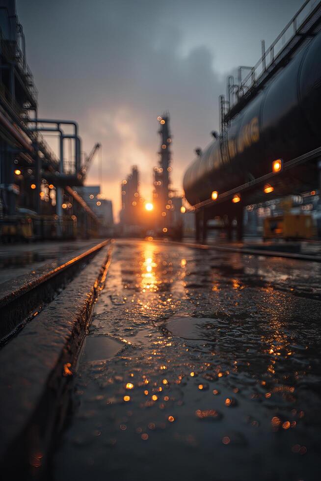 Sunset at oil refinery with water reflections photo