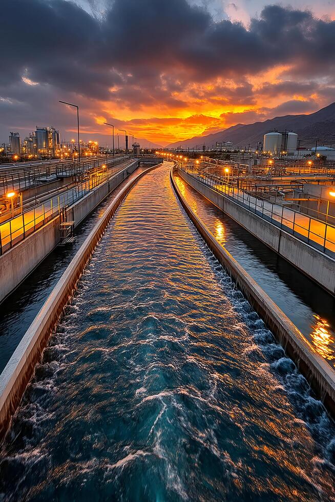 Sunset over water treatment facility photo