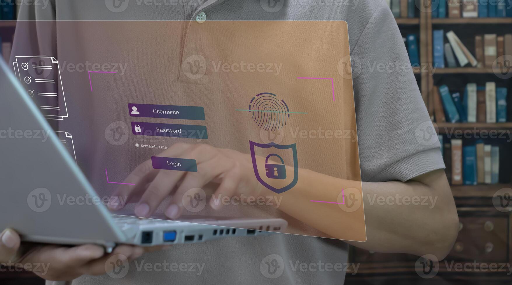 Man typing on keyboard with login name and password on screen display. Concept of cyber security, data protection and secure internet access. photo