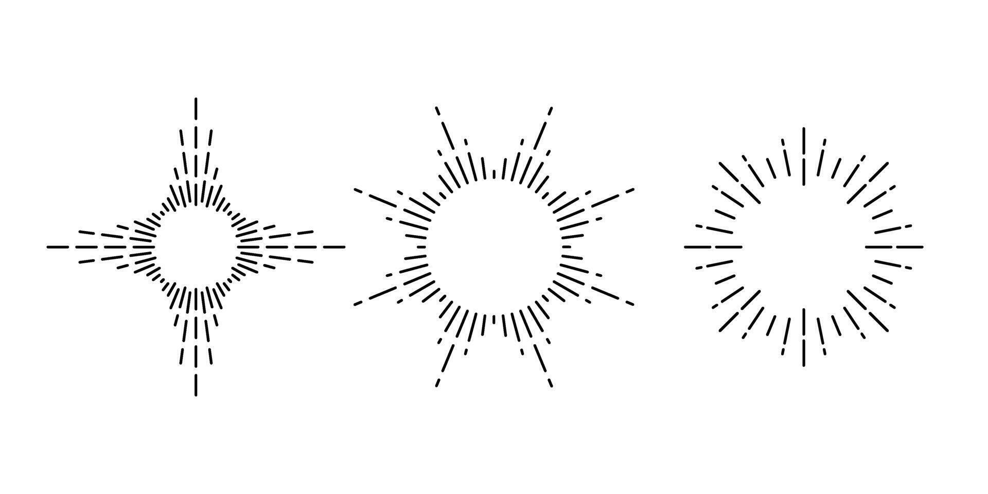 Retro sunburst frames set. Vintage sunlight rays collection. Stylized sunshine, radial rays, sunbeams, firework, explosion symbols. elements vector