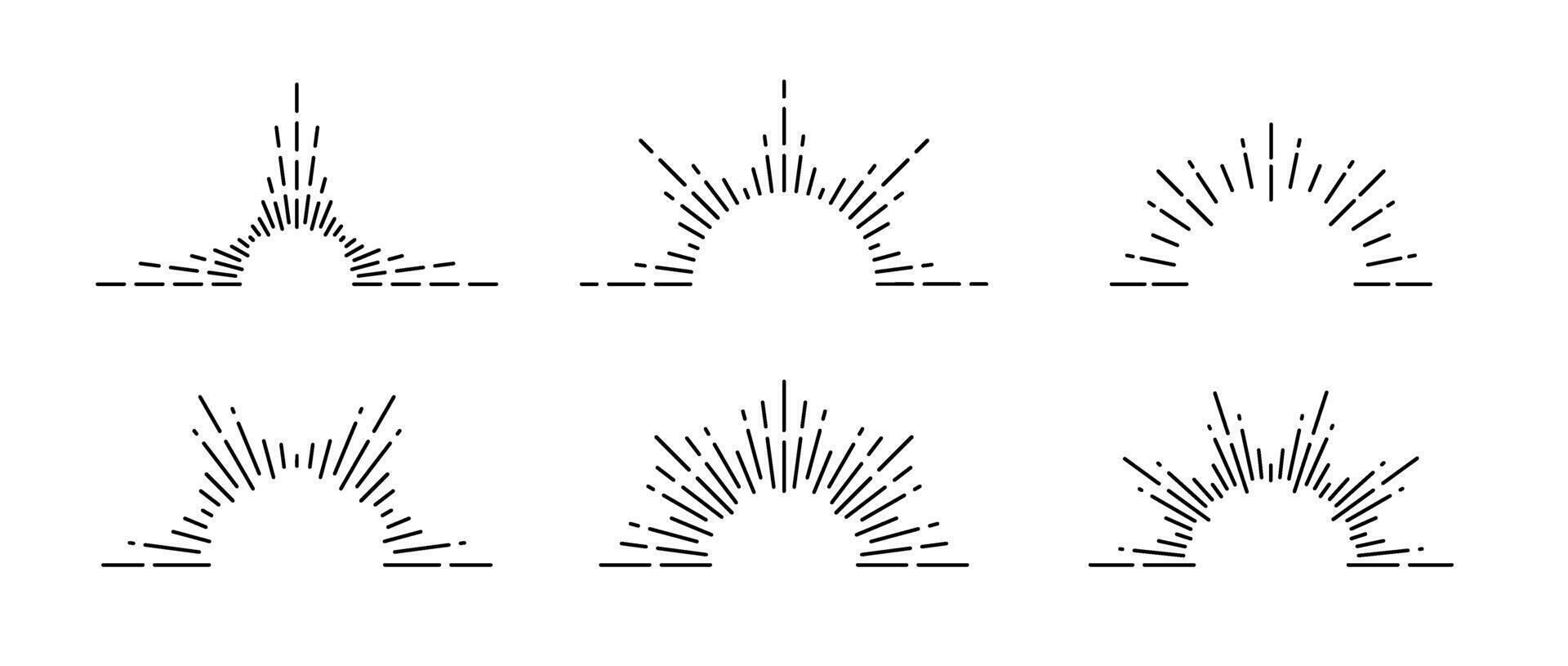 Half sunburst frame set. Sunrise and sunset symbols collection. Radial sunshine light rays pack. Retro sunbeam shapes. Design elements for logo, label, badge, poster, icon. vector