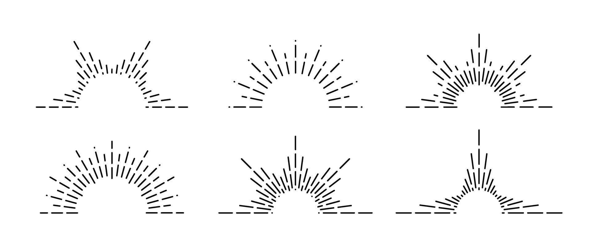 Half sunburst frame set. Sunrise and sunset symbols collection. Radial sunshine light rays pack. Retro sunbeam shapes. Design elements for logo, label, badge, poster vector