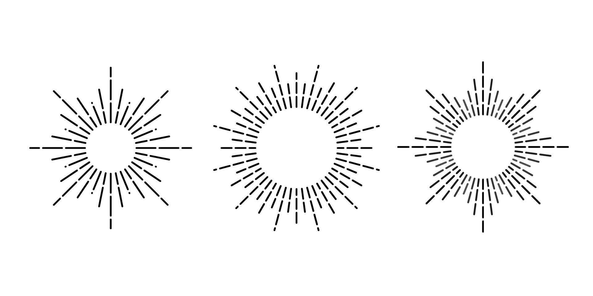 Retro sunburst frame set. Vintage sunlight rays collection. Stylized sunshine, radial rays, sunbeams, firework, explosion symbols. elements vector
