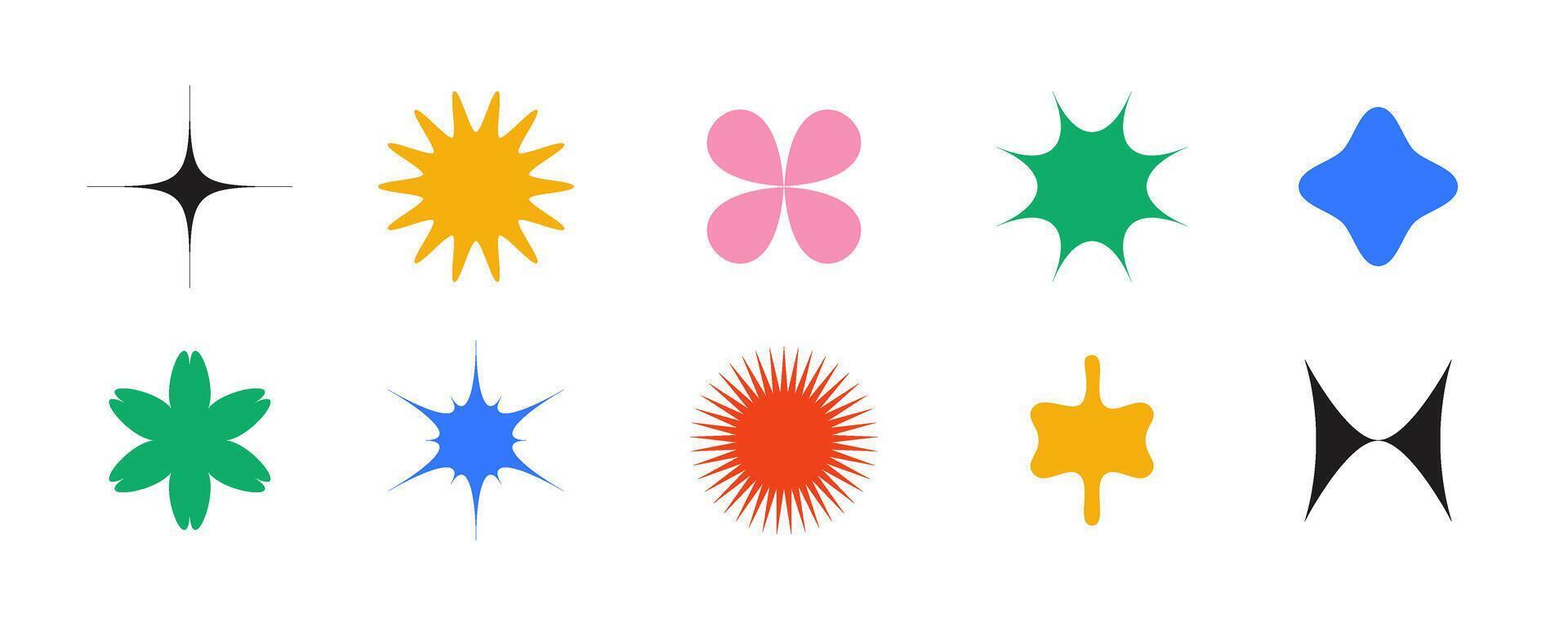 Geometric primitive shapes collection. Abstract stars and flowers forms set in Swiss or bauhaus style. Memphis elements pack for poster, banner, collage, sign vector