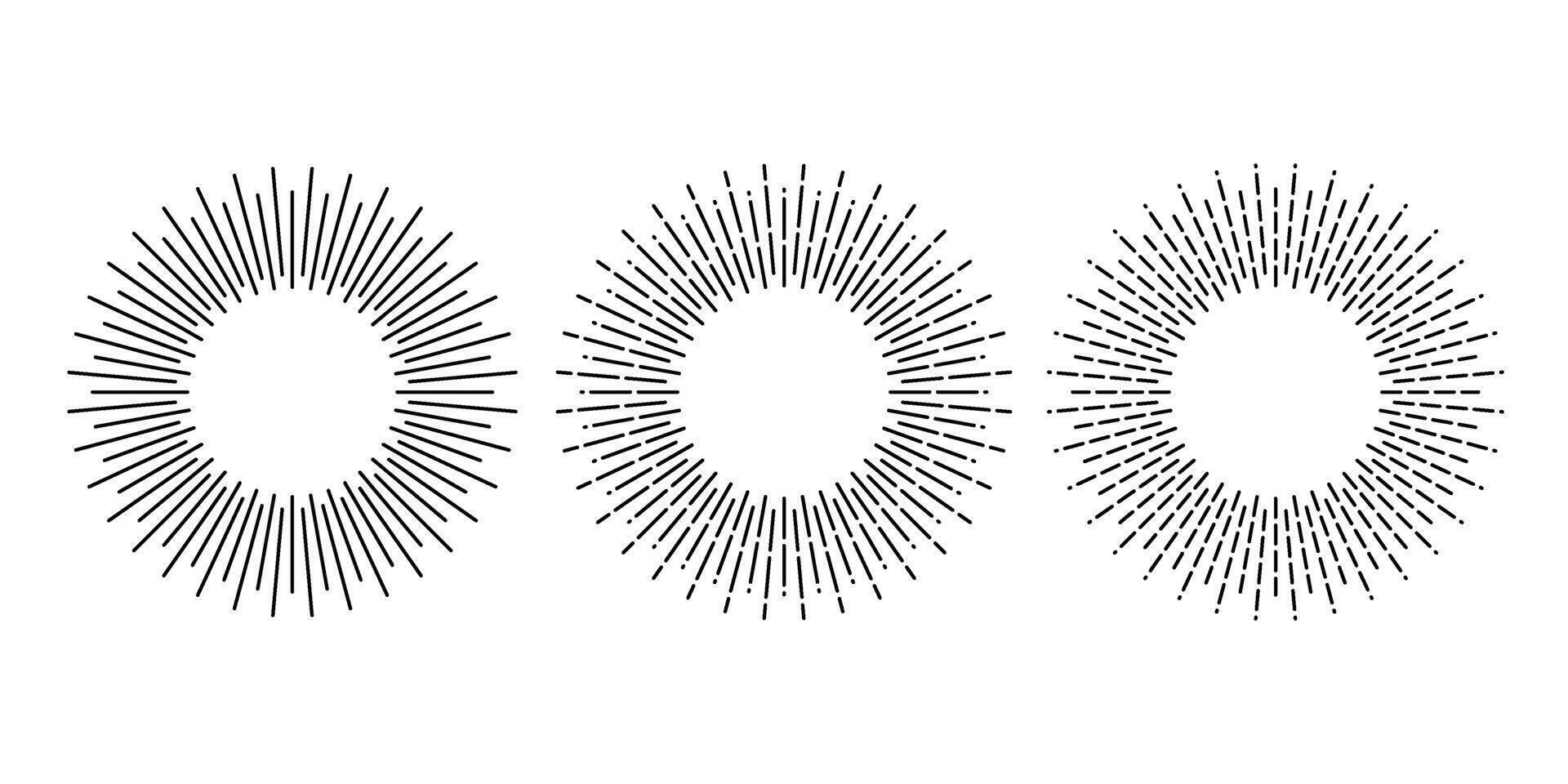 Sunburst frames set. Retro sun light rays element collection. Vintage radial rays, sunbeams, firework or explosion for emblem, logo, tag, stamp, banner. vector