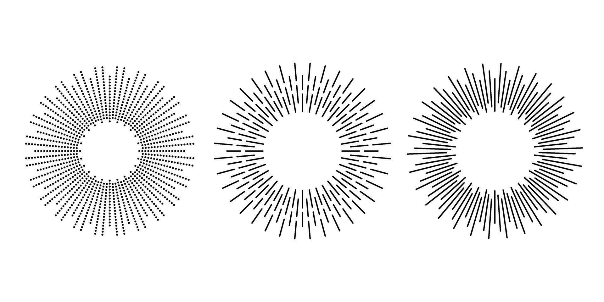 Sunburst frames set. Retro sun light ray element collection. Vintage radial rays, sunbeams, firework or explosion for emblem, logo, tag, stamp, banner. vector