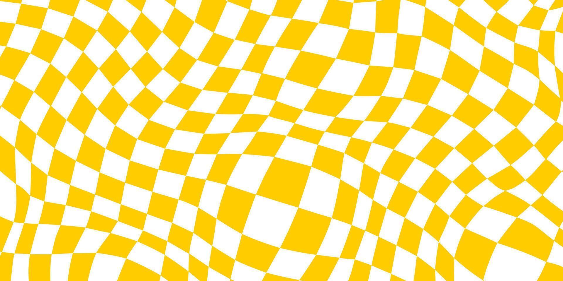 Trippy checkerboard background. Yellow retro psychedelic checkered wallpaper. Wavy groovy chessboard surface. Distorted and twisted geometric pattern. Abstract backdrop vector