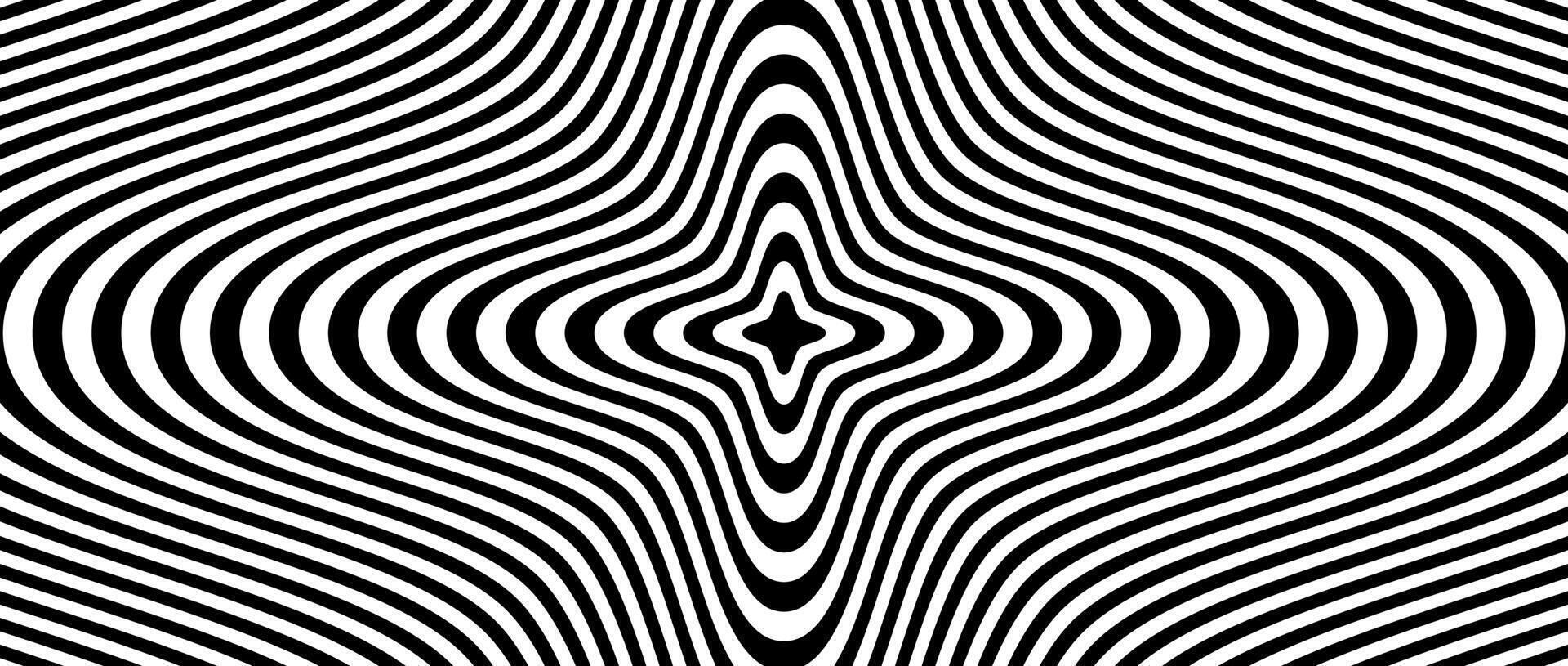 Optical illusion background. Black and white abstract distorted lines surface. Poster design. Radial torsion illusion wallpaper vector
