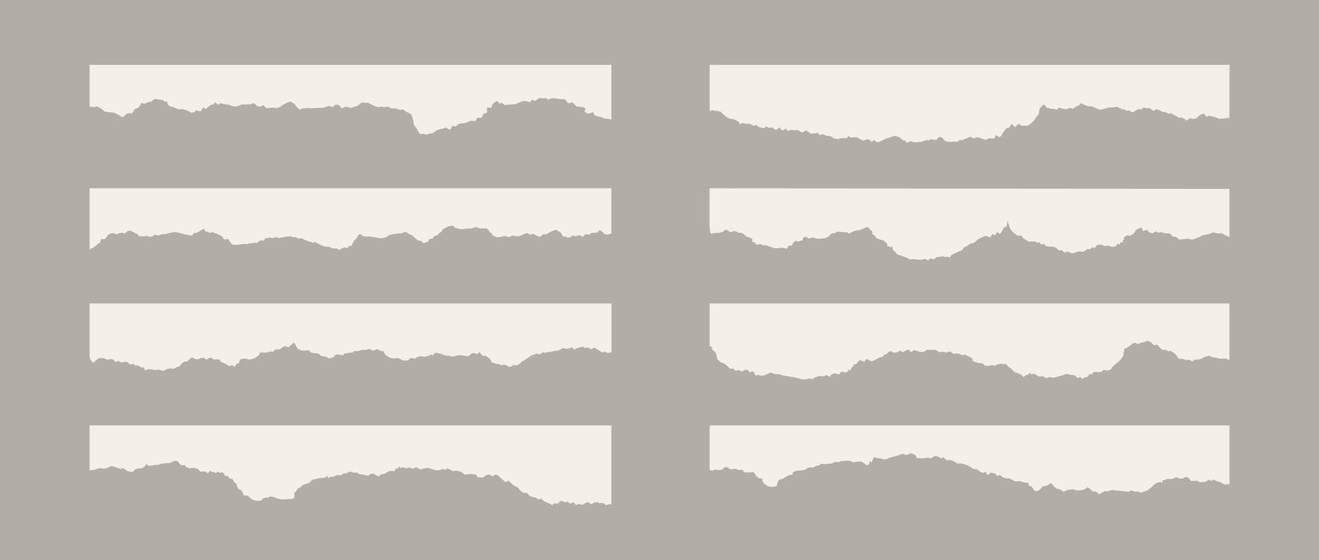 Torn thin and long pieces of paper. Cutout material strip with jagged edges. Ripped horizontal fragments collection. Textured grunge element bundle for collage, text box, banner, sticker. vector