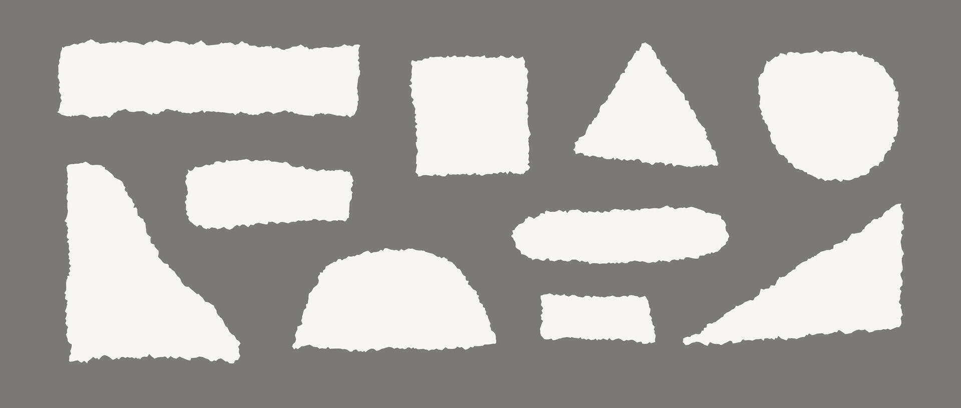 Torn paper pieces. Beige shapes with jagged edges. Ripped different fragments collection. Textured grunge element bundle for collage, text box, banner, sticker, poster. vector