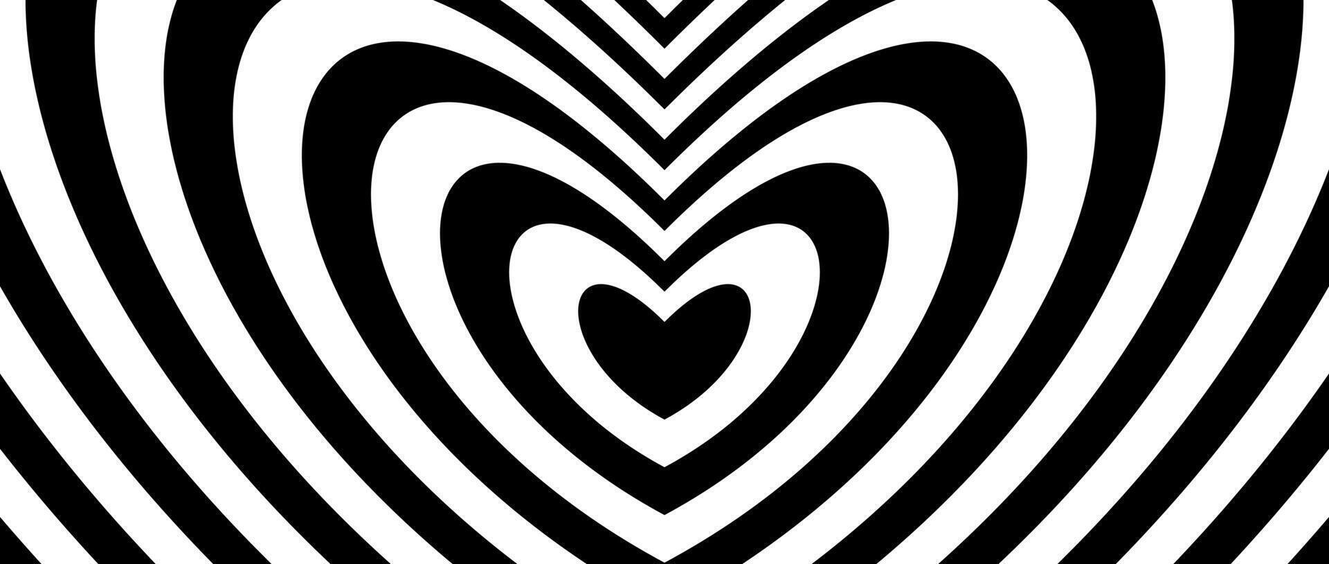 Abstract hypnotic heart background. Valentines optical illusion pattern. Black and white heart-shaped op art design for poster, banner, template. horizontal wallpaper vector