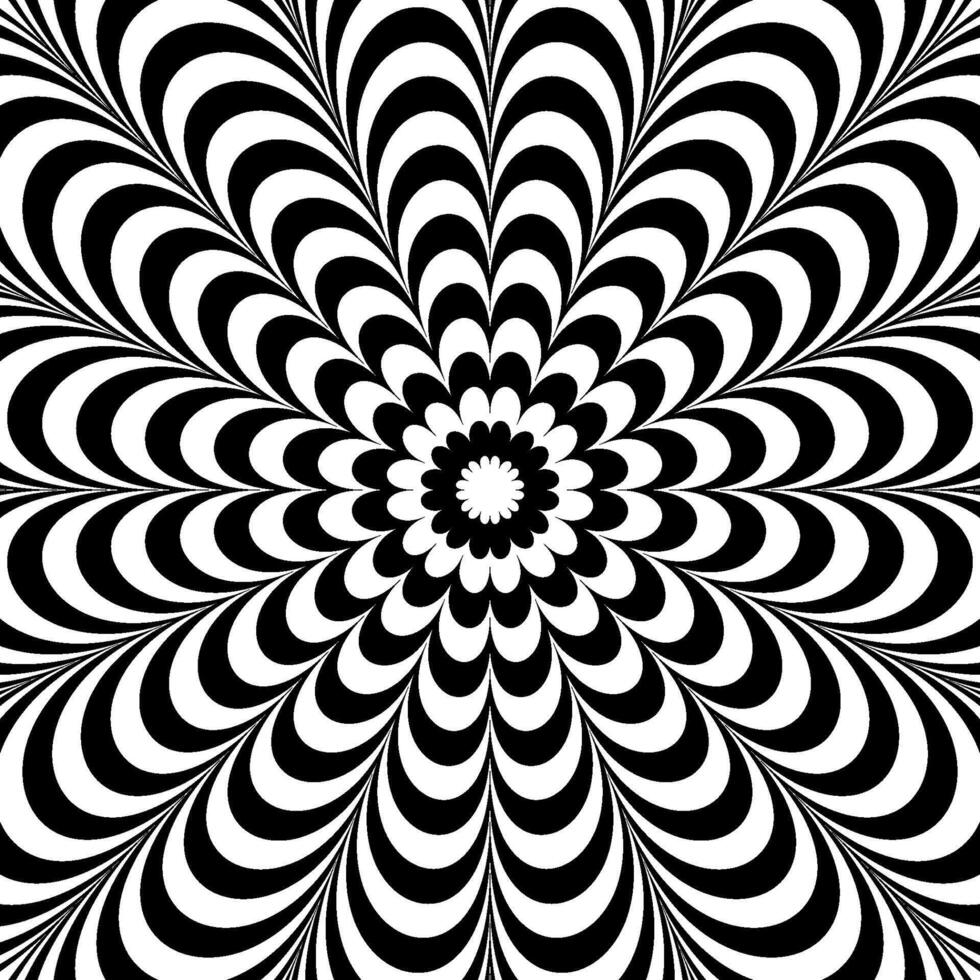 Optical illusion background. Black and white abstract distorted lines surface. Poster design. Radial spiral illusion wallpaper vector