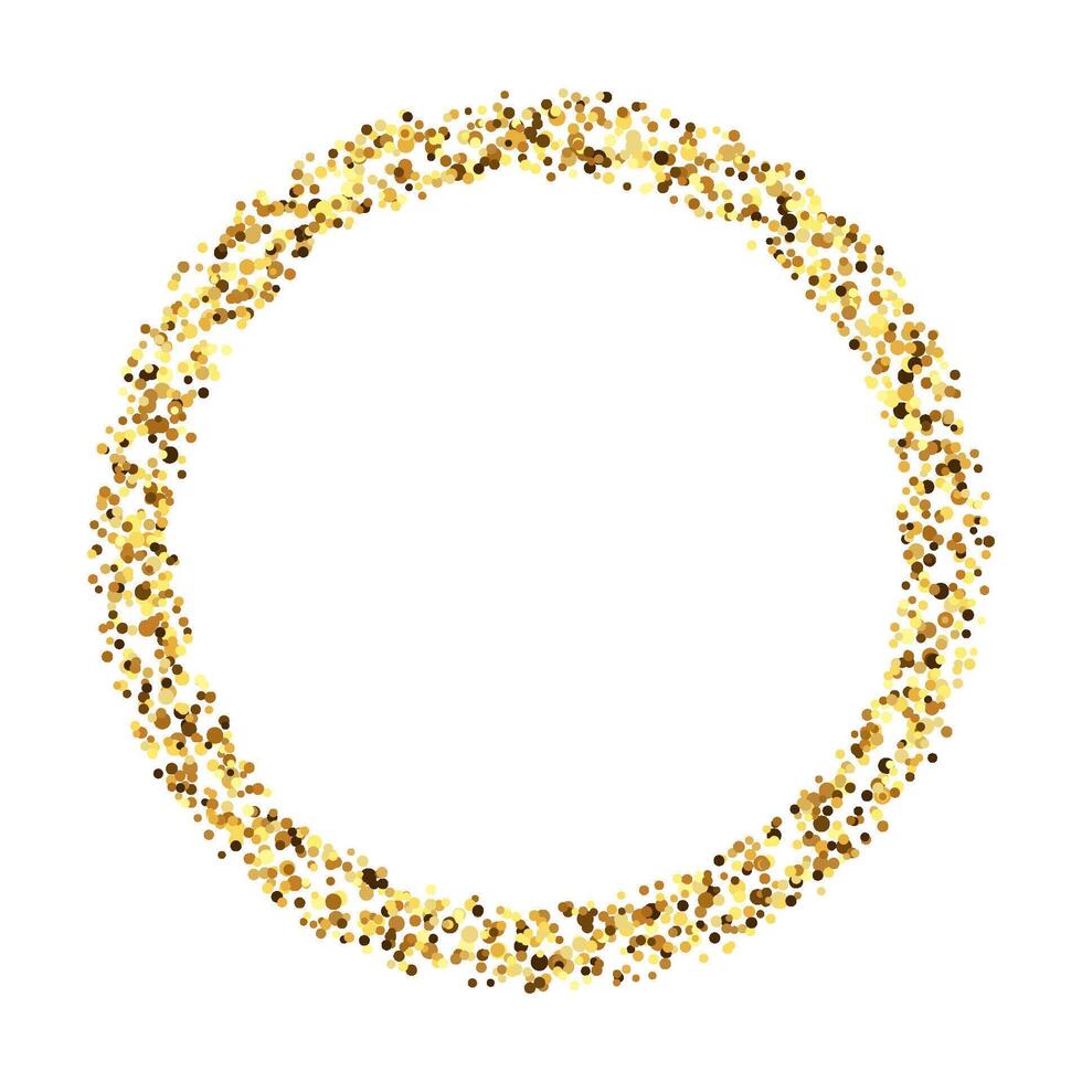 Golden confetti circle frame. Glowing dotted glitter background. Simple gold dots round form. Sparkling halftone ring. Christmas decoration element. vector