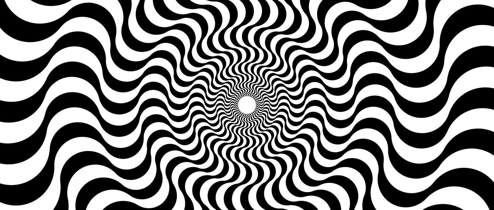 Optical illusion background. Black and white abstract distorted wavy lines surface. Radial waves poster design. Trippy sunburst illusion wallpaper. Horizontal hypnotic illustration vector