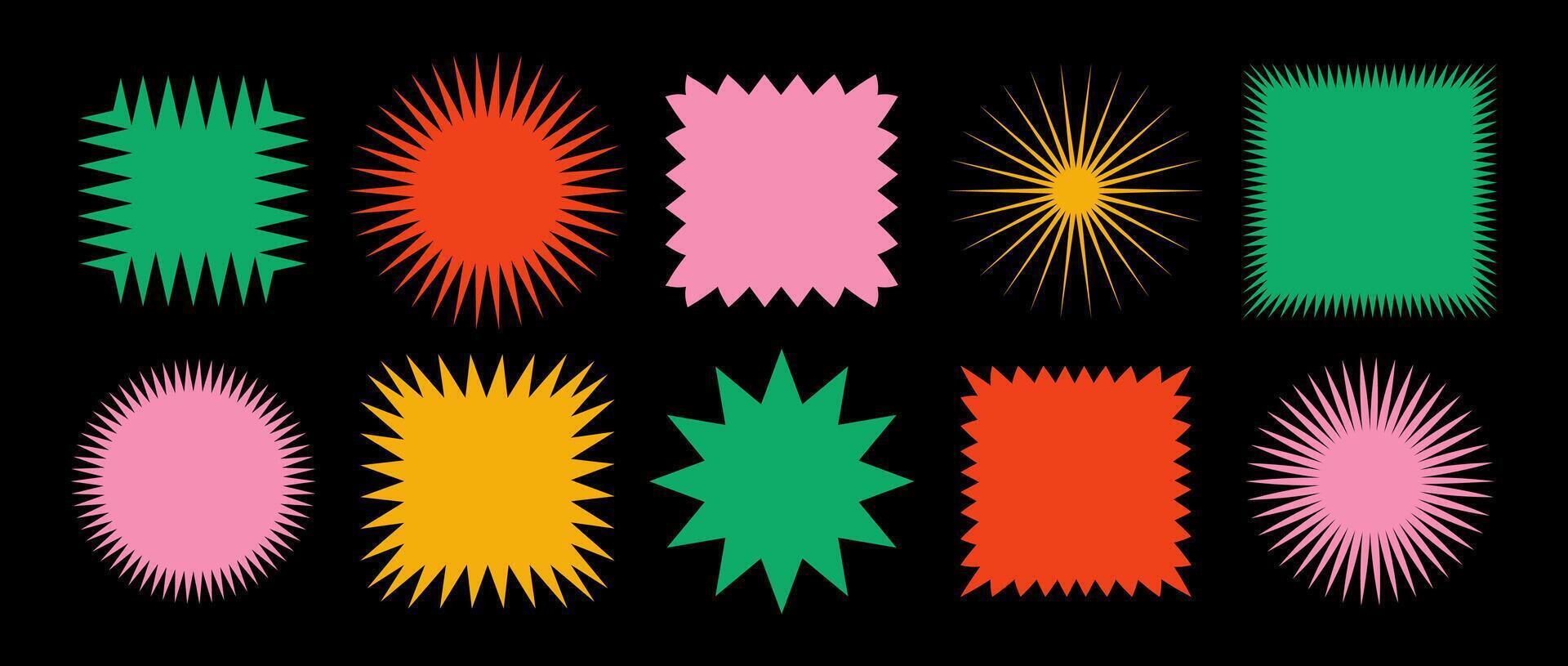 Colorful zig zag edge square and circle shapes collection. Jagged patches set. Bright graphic design elements for decoration, banner, poster, template, sticker, badge. vector