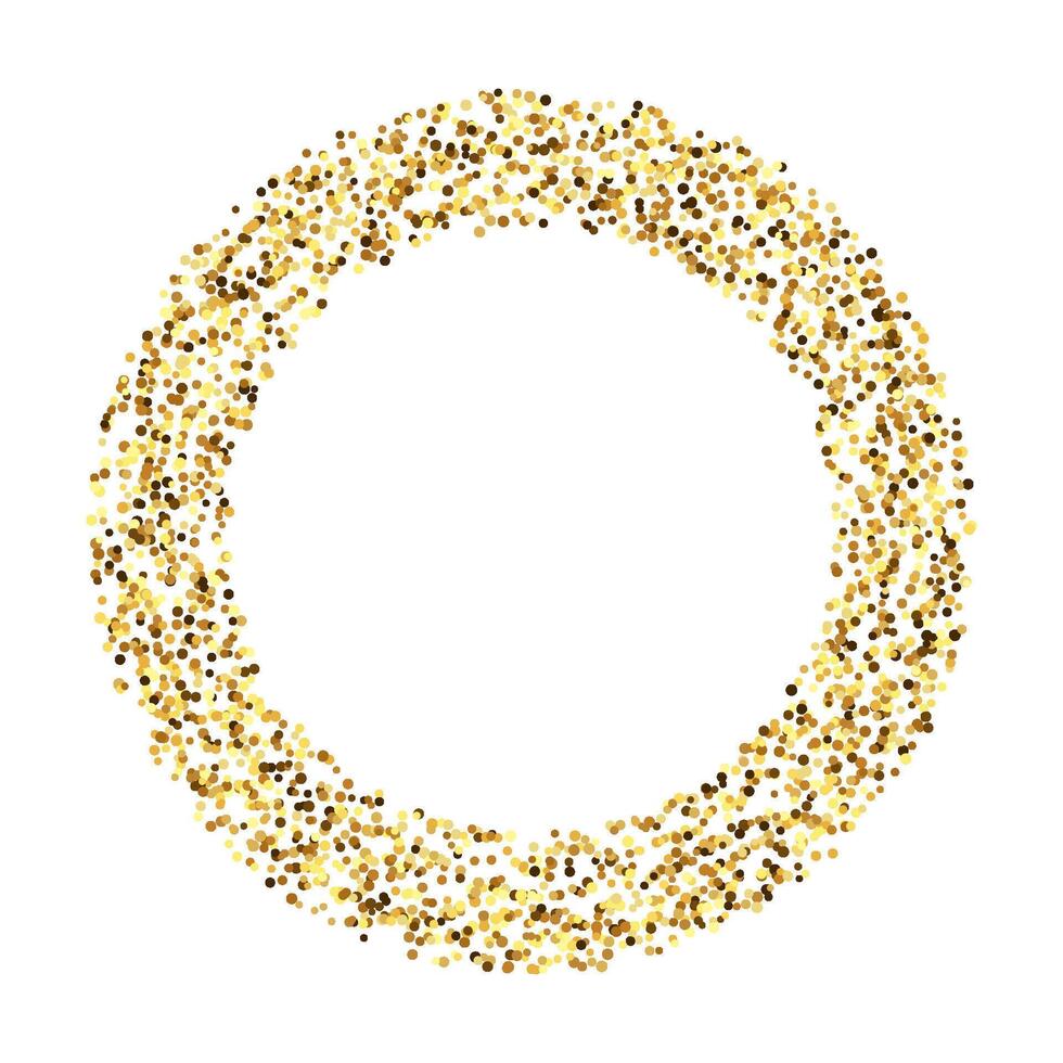 Golden confetti circle frame. Glowing dotted glitter background. Gold dots round form. Sparkling halftone ring. Christmas decoration element vector
