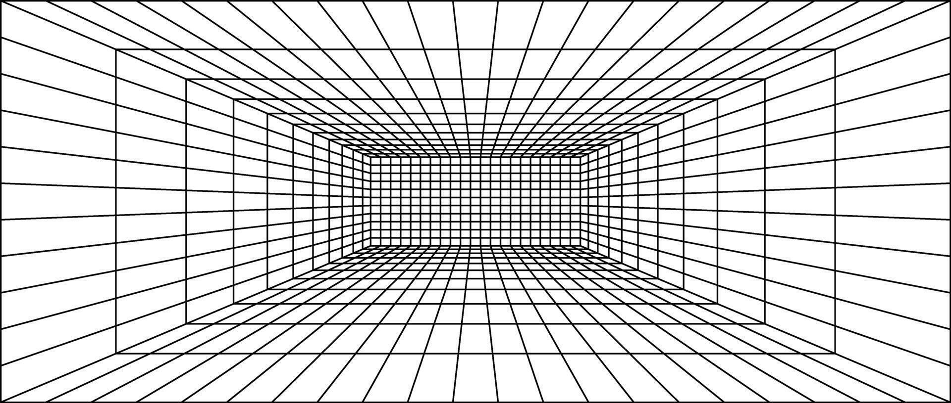 Wireframe grid room. 3d perspective background. Futuristic digital outline space. Black and white geometric design. Template illustration vector