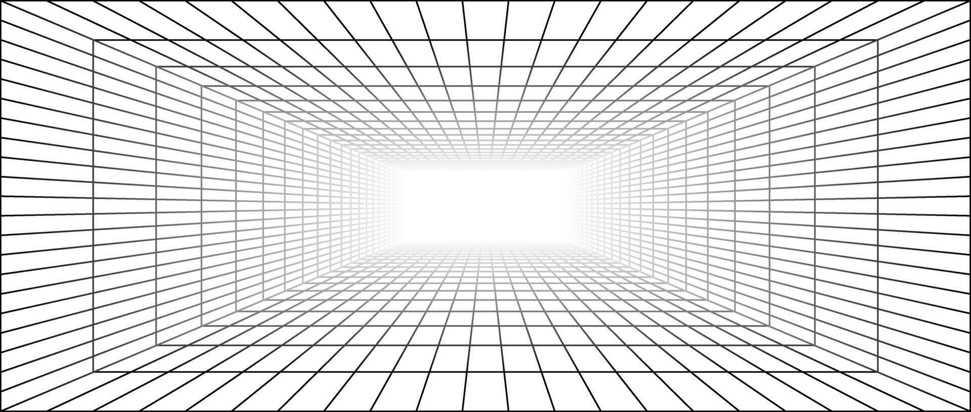 Wireframe grid room. 3d perspective background. Futuristic digital outline space. Black and white geometric design template vector