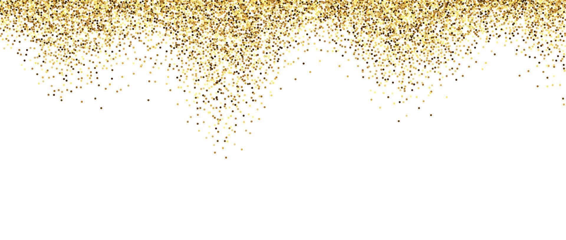 Golden glitter background. Sparkling small confetti wallpaper. Splashed gold dots texture. Wavy design element for posters, flyer, invitation, Christmas birthday decoration vector