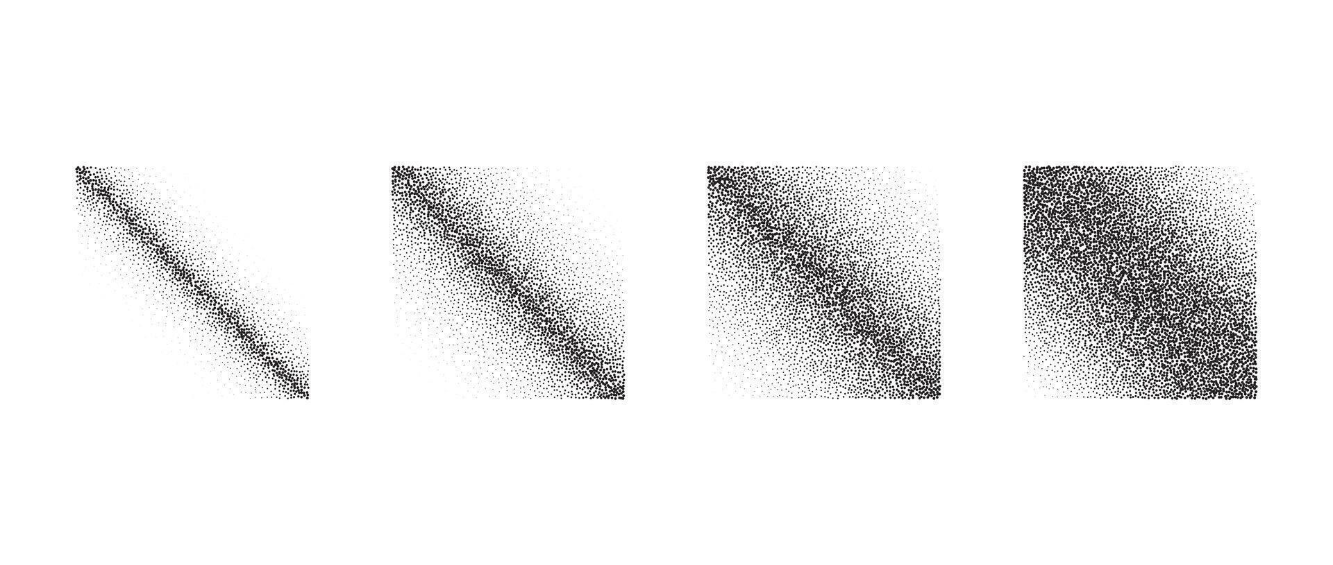 Textured fading gradient set. Black dotted square element collection. Stippled shades object pack. Noise grain dotwork shapes. Halftone effect illustrations bundle. vector