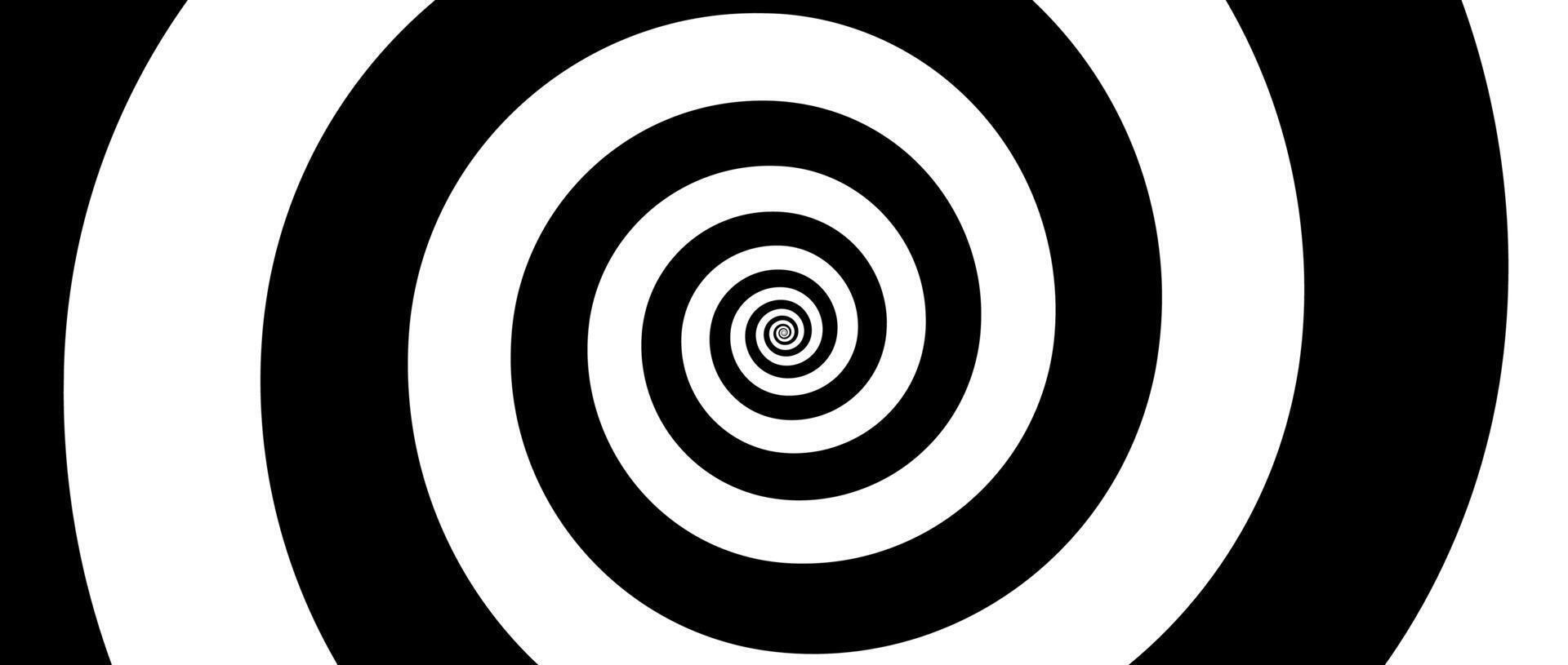 Hypnotic spirals background. Radial optical illusion. Black and white swirl tunnel wallpaper. Horizontal spinning concentric curves. Vortex whirlpool design for poster, banner, flyer vector