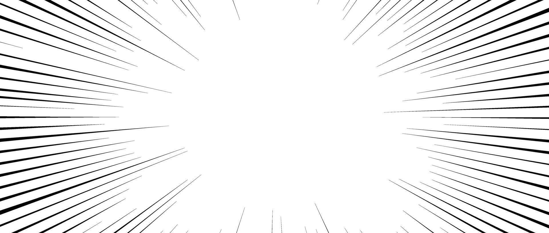 Radial speed lines background. Comic book explosion lines wallpaper. Abstract black and white flash frame design. Manga or anime cartoon light ray or beam sunburst. Effect illustration vector