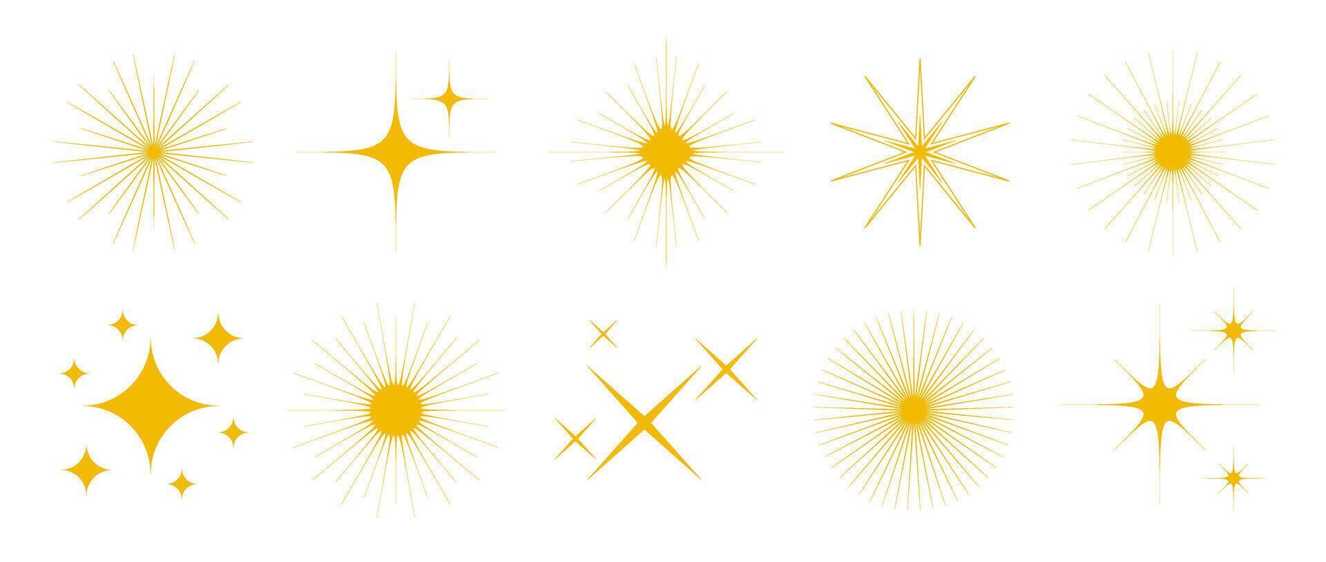 Gold sparkles and stars set. Yellow twinkles and sparks collection. Christmas and New Year decoration elements bundle vector