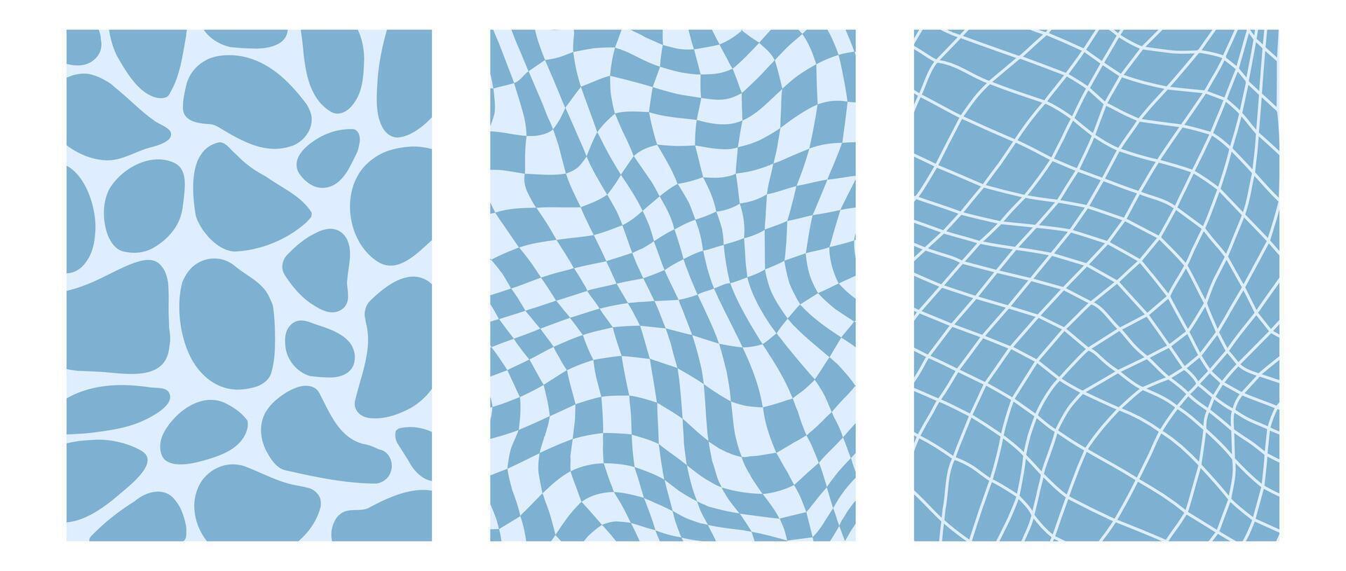 Retro distorted checker board background. Blue trippy psychedelic checkered wallpaper. Wavy groovy chessboard surface. Abstract twisted geometric pattern vector
