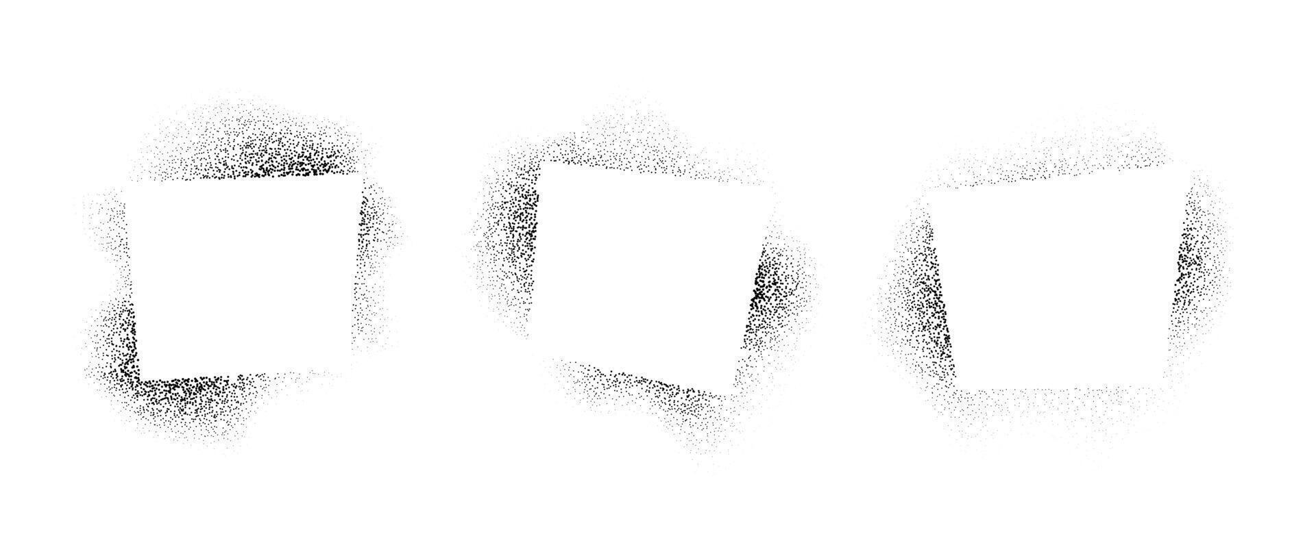 Set of geometric frames with spray stencil effect. Grunge dotted squared border collection. Faded noise texture shape bundle. Black splatter elements for text box, banner, poster, template vector