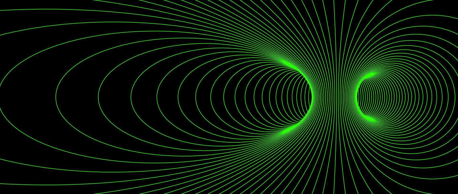 Wormhole wireframe structure. Neon geometric outline grid tunnel backdrop. 3D funnel or vortex texture. Green abstract energy lines on dark background. Illustration wallpaper. vector