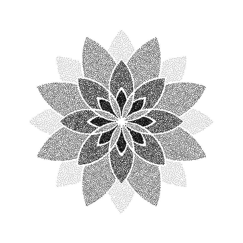 Stipple flower background. Dotted ornament mandala. Noise grain star shape. Abstract black floral petals decoration. Dotwork radial pattern design for tattoo, poster, clothes, badge, sticker. vector