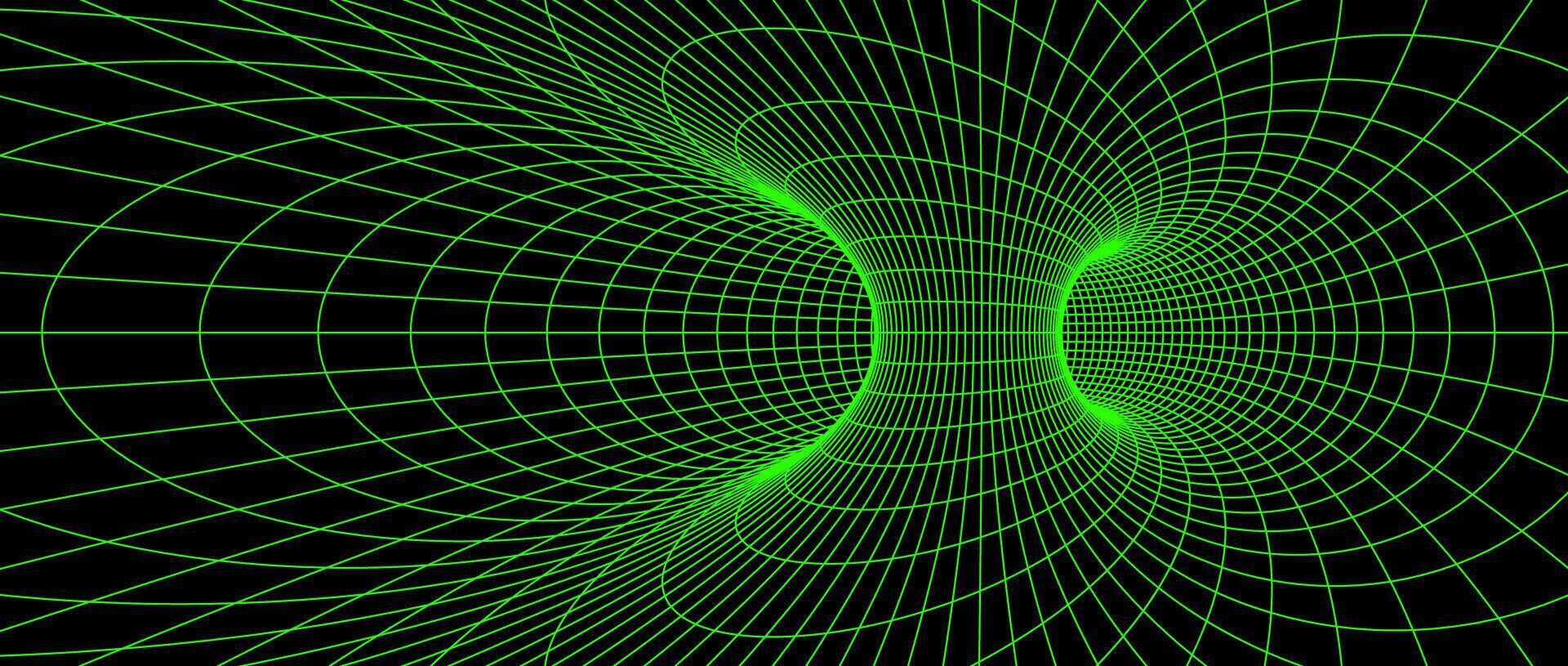 Wormhole wireframe structure. Neon geometric outline grid tunnel backdrop. 3D funnel or vortex texture. Green abstract energy lines on dark background. Illustration wallpaper vector