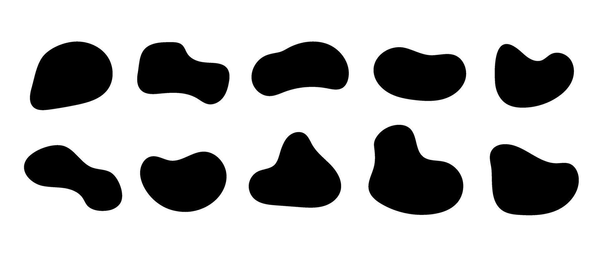 Abstract organic shapes collection. Irregular liquid forms set. Black amoeba blobs, blotches, drops and stains bundle. Different design elements for label, sticker, banner, speech bubble. vector