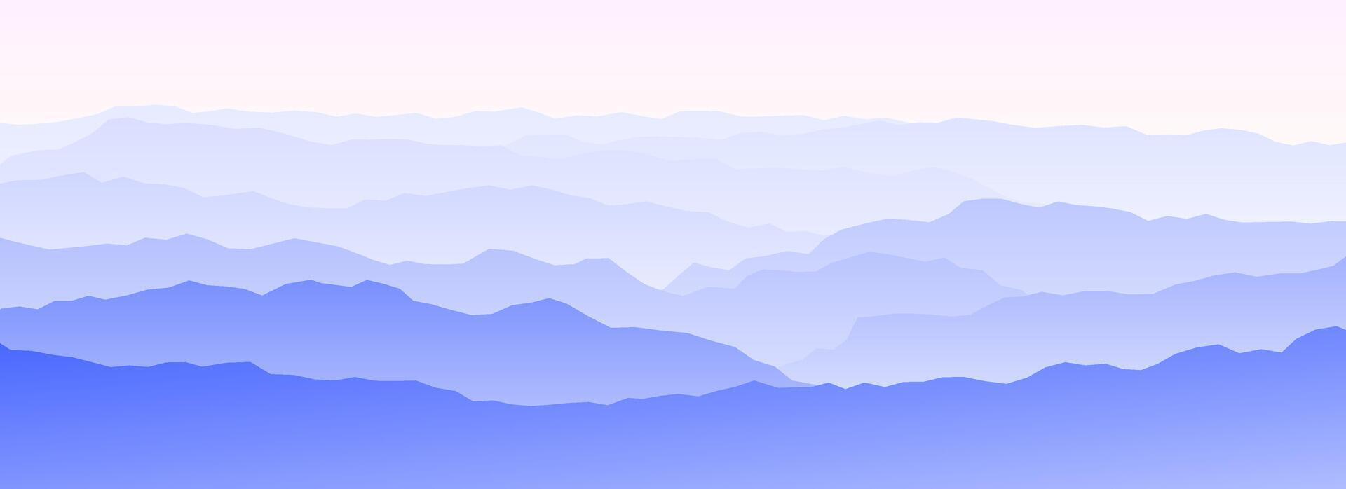 Mountain range landscape on sunset or sunrise. Morning panoramic view. Mountain ridges and hills background. Blue and pink mount peaks silhouette with mist, fog or haze. vector