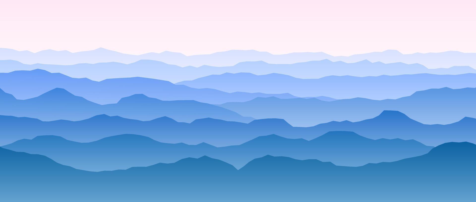 Mountain range silhouettes in morning. Panoramic landscape view. Mountain ridges and hills background. Blue pink mount peaks with mist and fog. Sunset or sunrise scenery terrain illustration vector