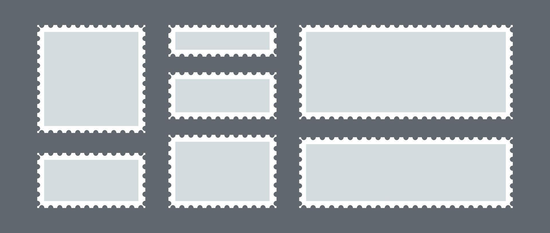 Postage stamp set. Post stamp frame or border. Light blue square and rectangular template for mail, postcard, letter. Jagged wavy edge forms. Vintage objects for poster, banner, badge, sticker. vector