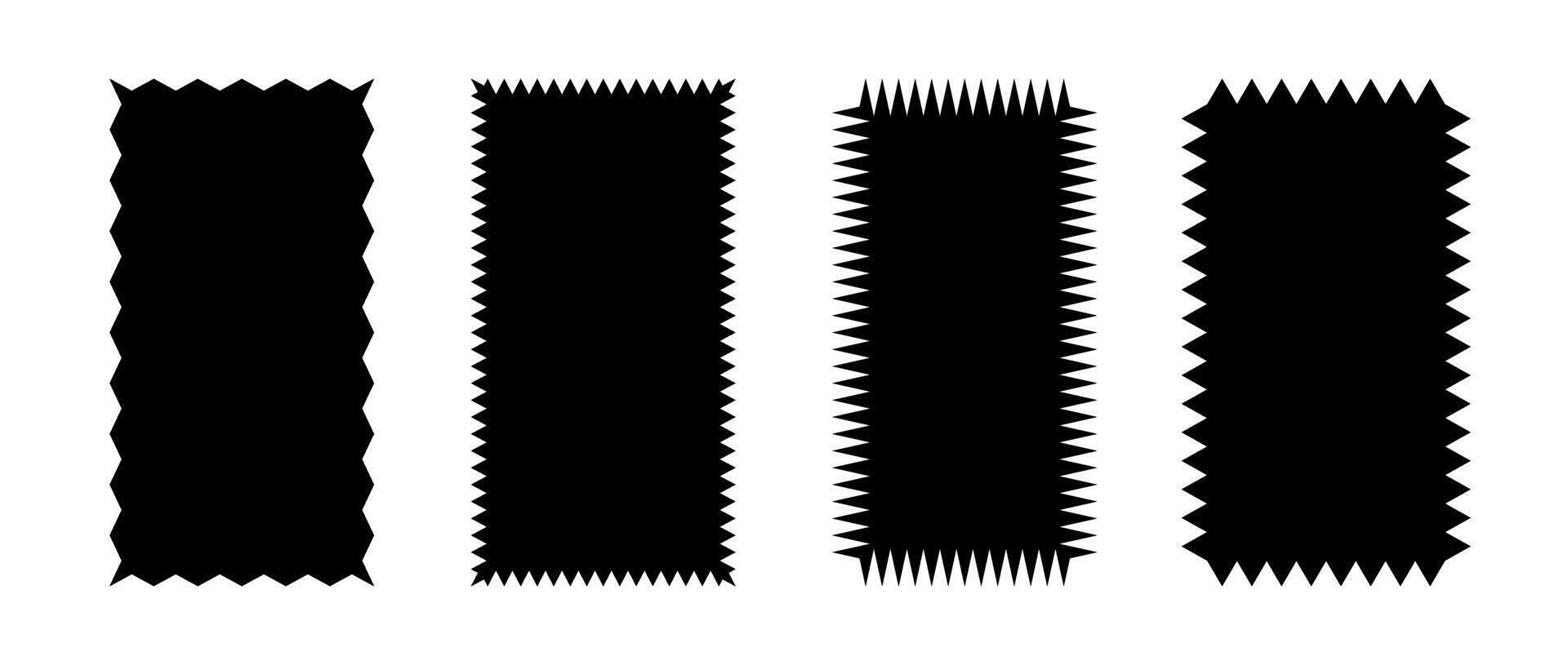 Zig zag edge rectangular shapes collection. Jagged rectangle patches set. Black graphic design elements for decoration, banner, poster, template, sticker, badge, collage. vector