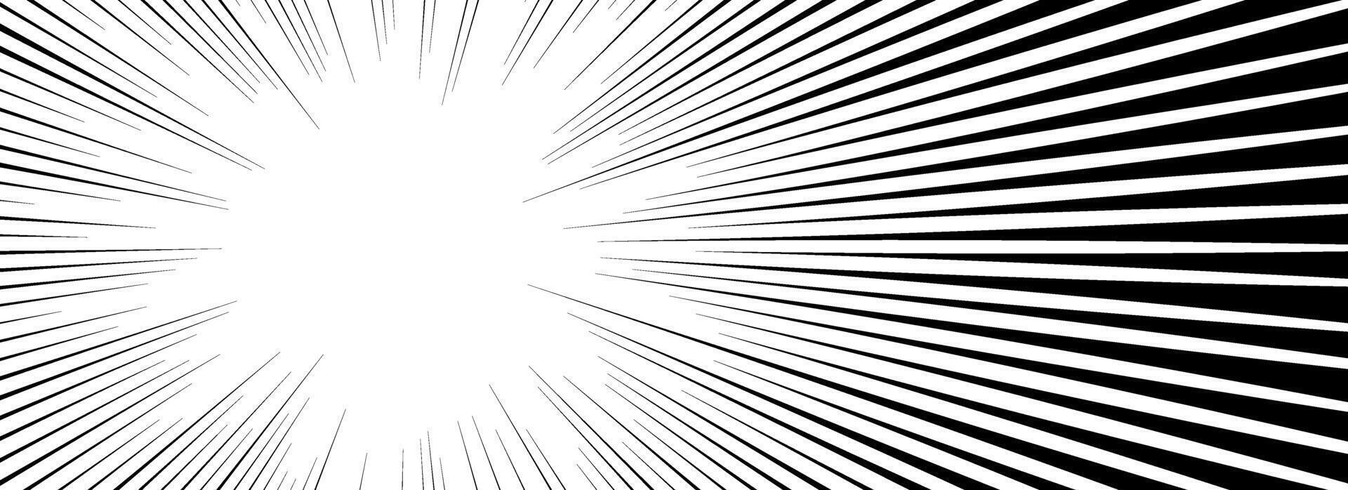 Comic speed line background. Cartoon book explosion effect. Black radial linear pattern frame. Pop art flash beams or rays. Manga or anime sun burst wallpaper. Superhero impact backdrop vector