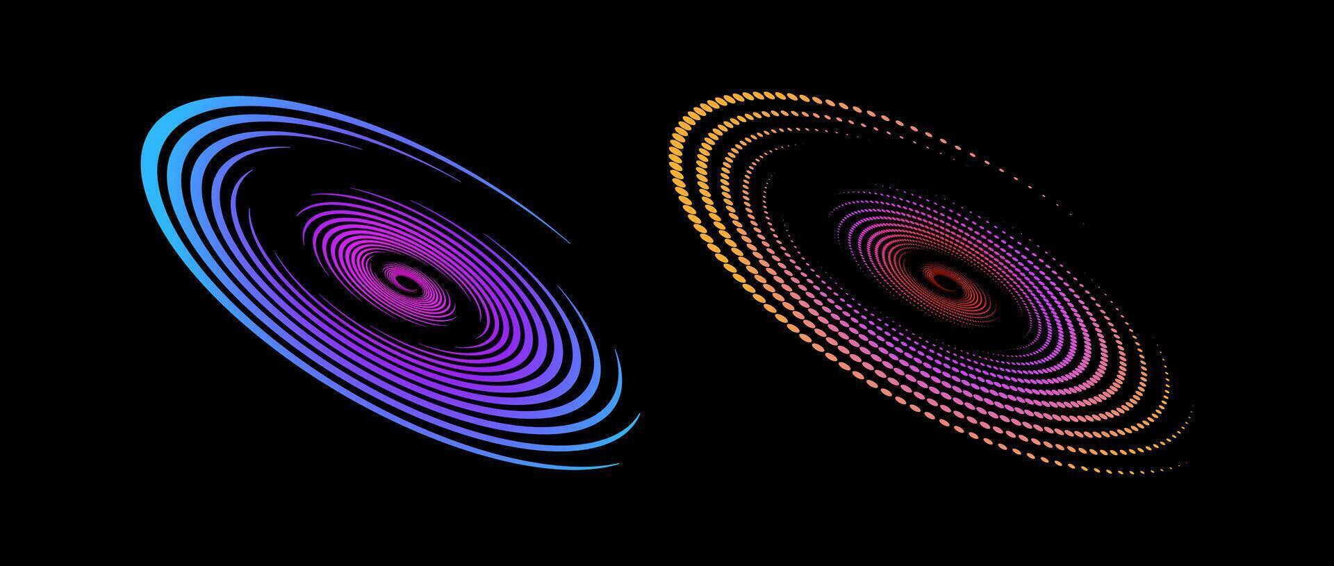 Halftone speed spiral set. Colorful dynamic dotted lines in perspective. Radial swirl element for logo, print, poster, template, icon, banner, presentation. Round technology illustration. vector