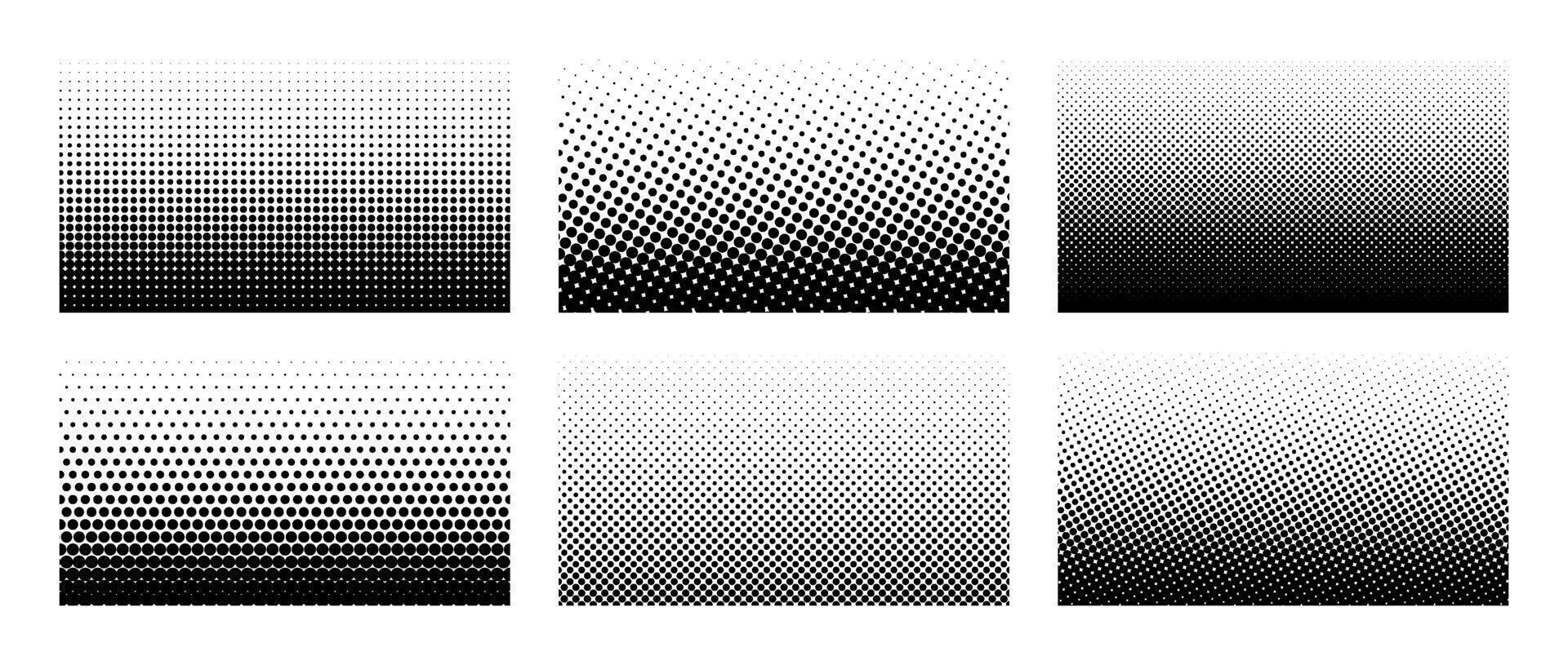 Set of horizontal halftone gradient backgrounds. Cartoon dots texture wallpaper collection. Black and white comic design cover pack for banner, poster, print. Pop art illustration bundle vector