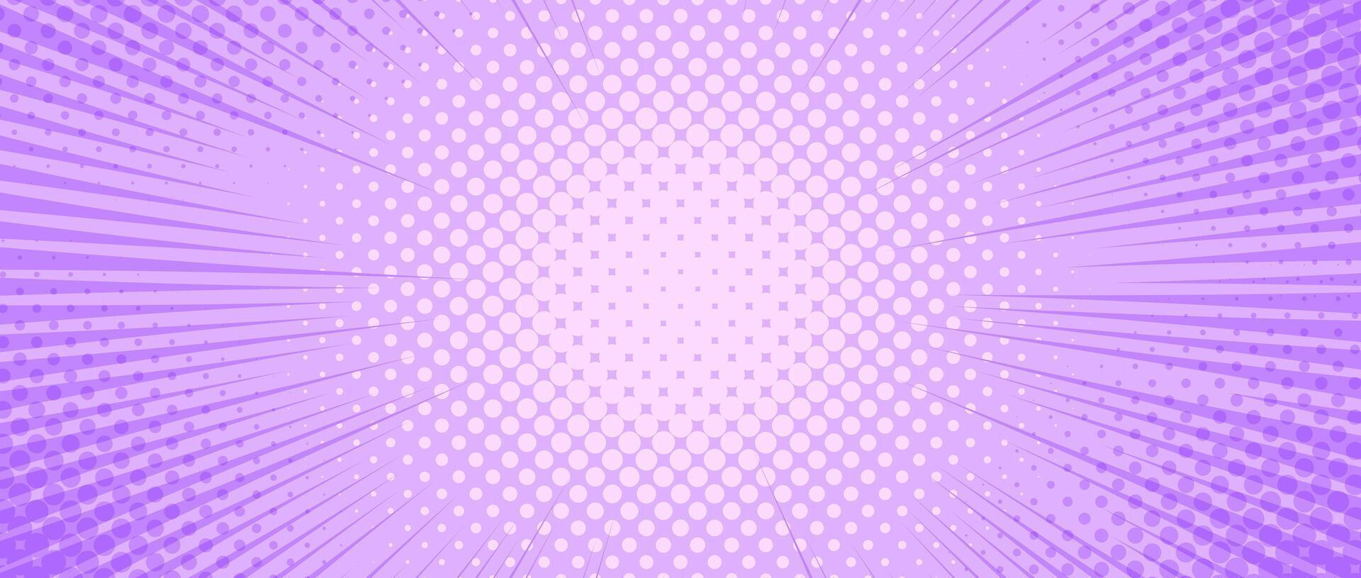 Purple radial dotted comic background. Speed lines wallpaper with pop art halftone texture. Anime cartoon rays explosion backdrop for poster, banner, print, magazine, cover. Lilac illustration vector