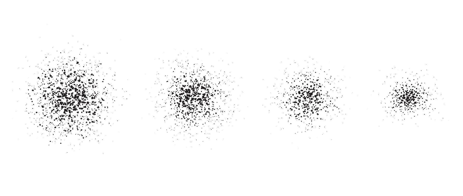 Stippled radial brush stroke set. Grain gradient collection. Grunge sprinkle spray texture. Dirty dust or sand noise round elements. Splattered dots overlay. Grungy splashed stains spots pack vector