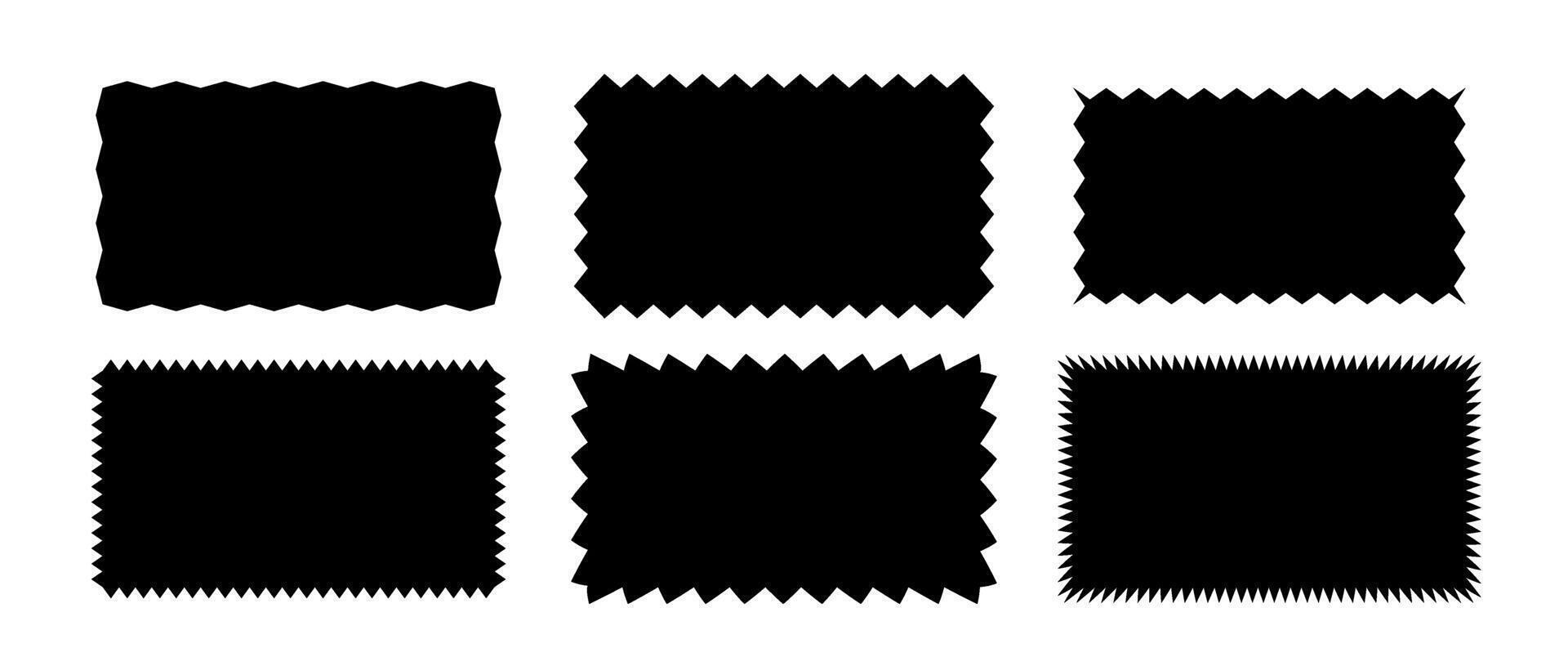Zig zag edge rectangle shape collection. Jagged rectangular elements set. Black graphic design elements for decoration, banner, poster, template, sticker, badge, label, tag. vector