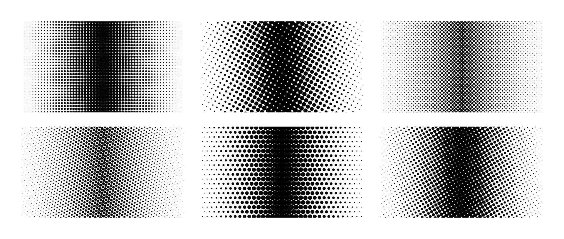 Different halftone gradient backgrounds set. Cartoon dots texture wallpaper collection. Black white comic design cover pack for banner, poster, print. Pop art dotted illustration bundle vector