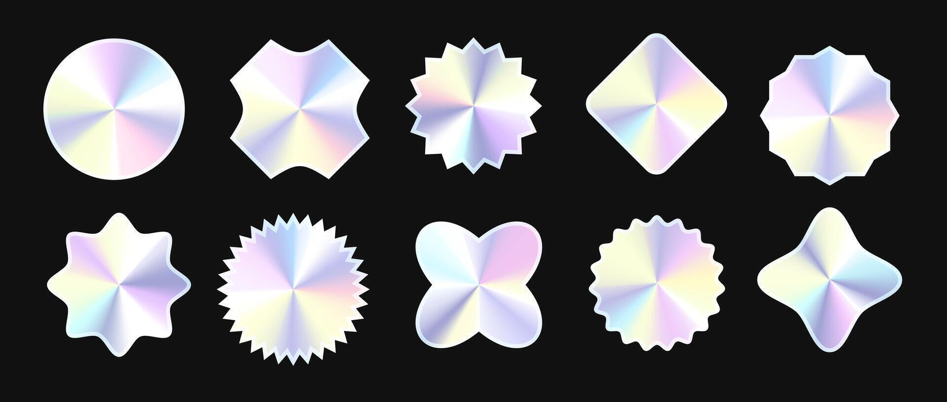 Set of holographic stickers. Hologram labels collection. Shiny silver foil elements bundle for emblems, tags, labels, badges, templates, collages, posters, banners. Illustration pack vector