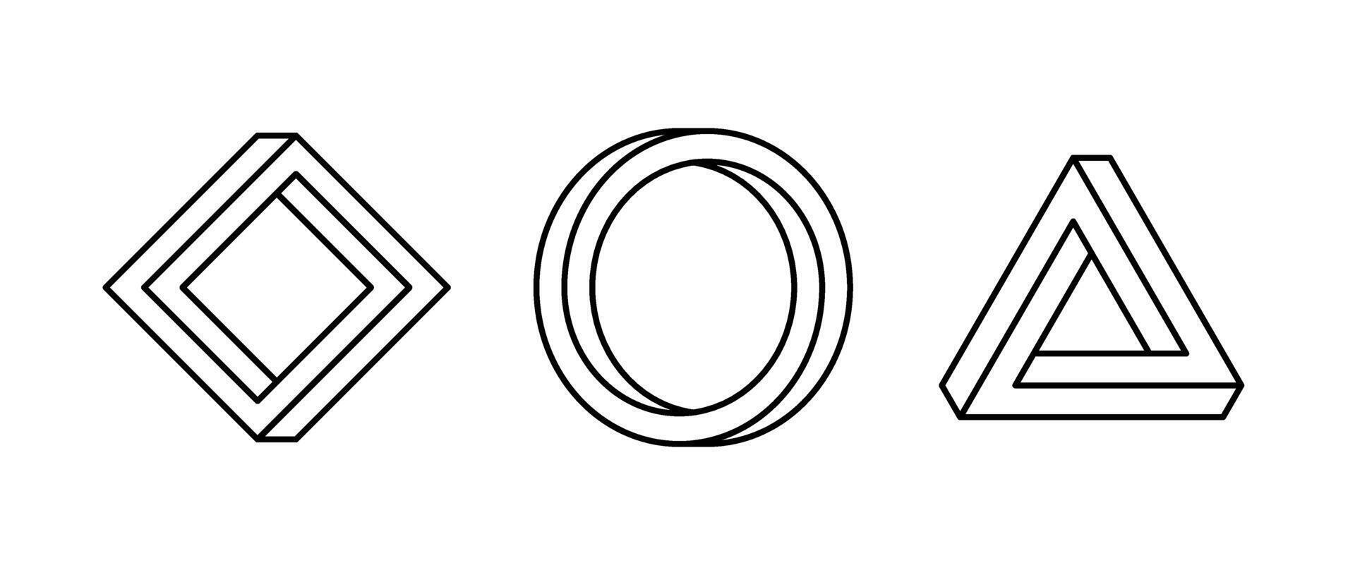 Impossible shape set. Line optical illusion circle, square, triangle. Outline mobius strip collection. Abstract unreal geometric forms. Linear puzzle design elements for logo, icon, label, tag. vector
