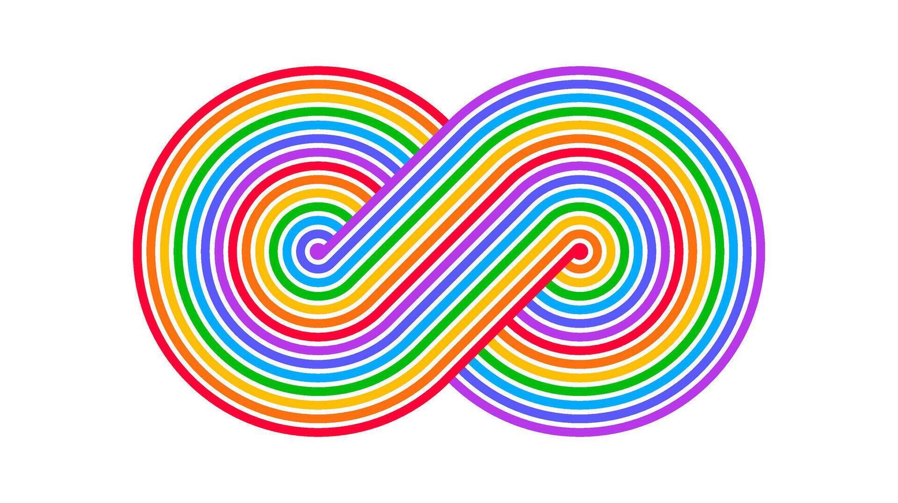 Rainbow Infinity sign. Colorful mobius eternal symbol. Stylized moebius endless shape. Bright design illustration for logo, sign, icon, poster, banner, background, cover, print. vector