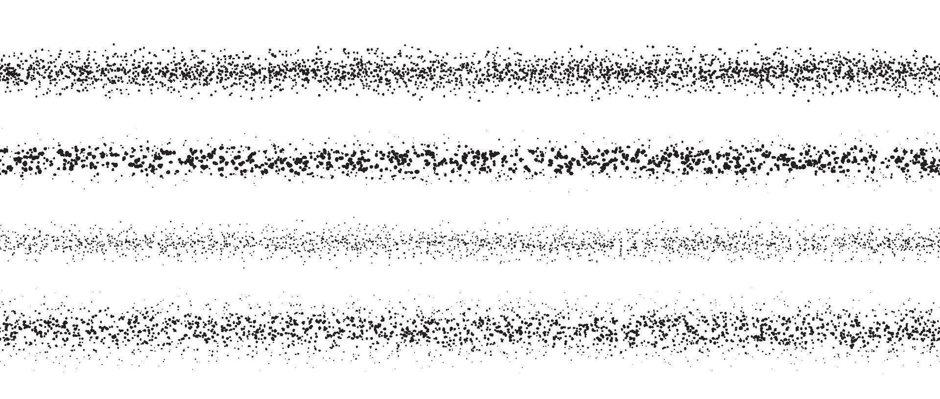 Repeating stippled stroke set. Grain dotted brush lines collection. Grunge sprinkle spray texture pack. Dirty dust sand noise horizontal elements. Splattered dotted stripes or dividers. vector