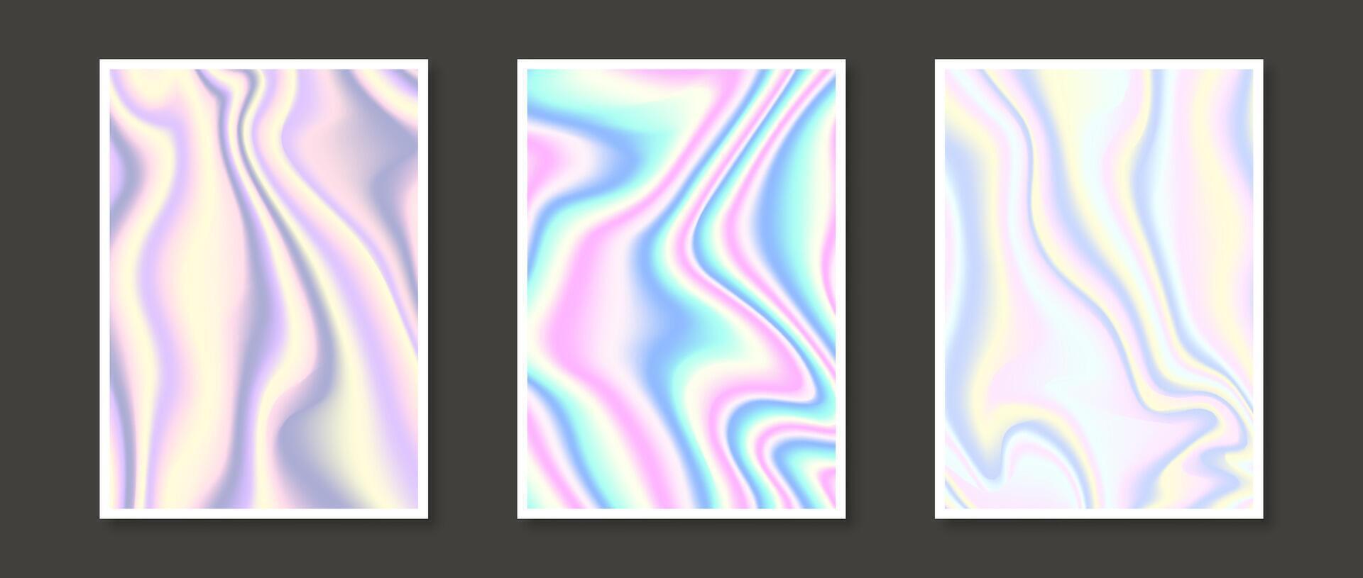 Set of holographic backgrounds. Rainbow fluid gradient wallpaper collection for card, brochure, flyer, poster, banner, booklet. Foil iridescent liquid backdrop bundles. Pastel templates pack vector
