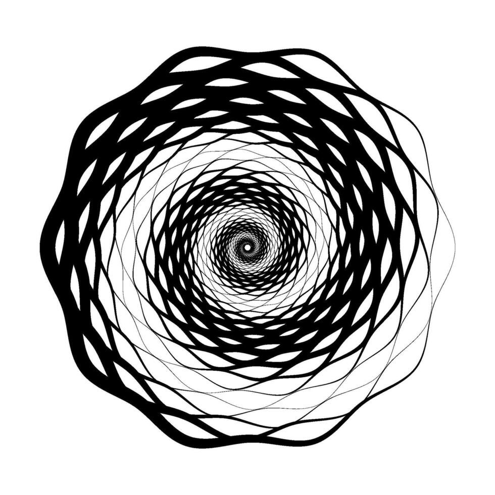 Abstract radial pattern. Circular geometric spiral shape. Round decorative shell concept. Black design element for logo, label, tag, emblem, poster, banner, icon, presentation. vector